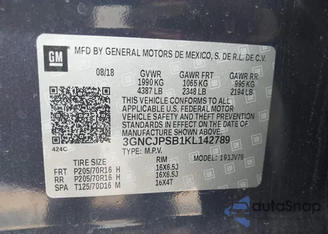 2019 Chevrolet Trax Lt from USA, damaged, VIN 3GNCJPSB1KL142789